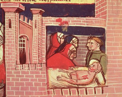 Zorg voor een gewonde man in een kasteel, uit een Venetiaans codex door Italian School